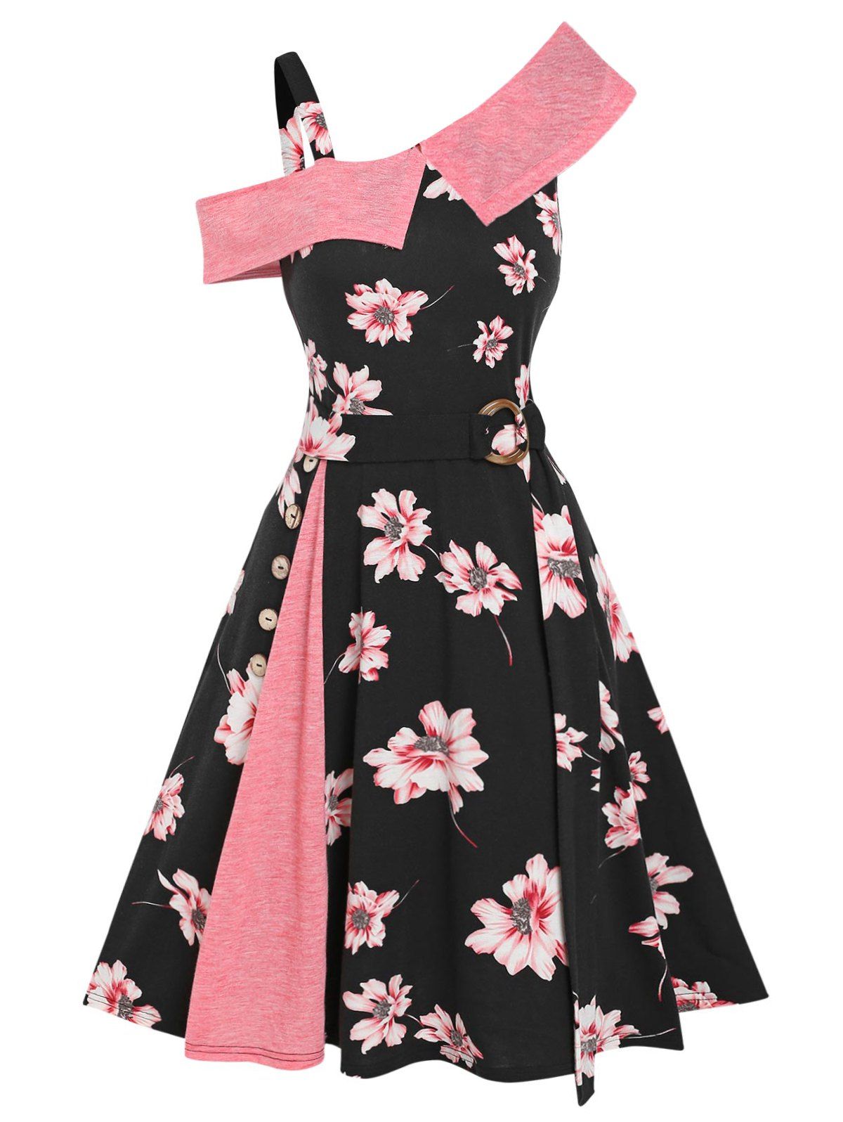 Floral Skew Collar Cold Shoulder A Line Godet Dress - multicolor XL