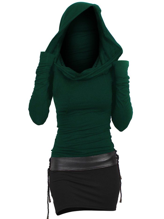 Two Tone Hooded Belted Bodycon Dress - DEEP GREEN L