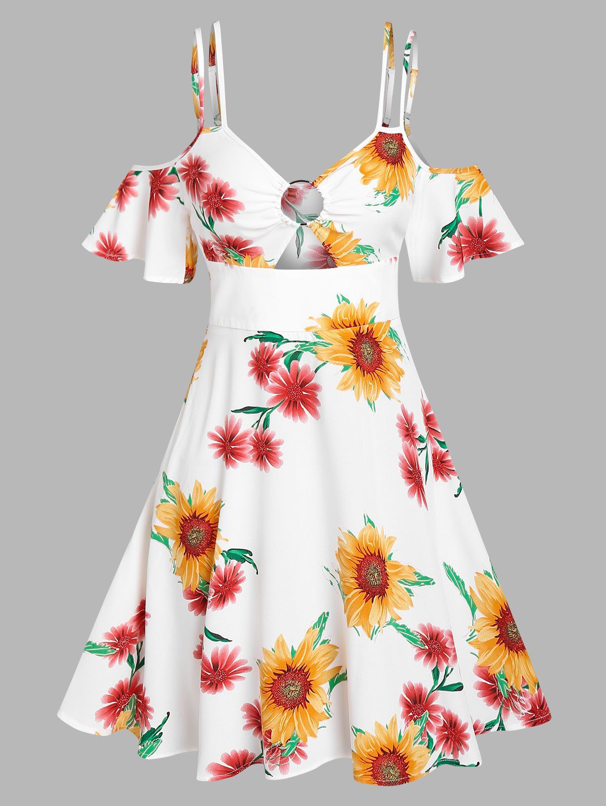 Sunflower Print O Ring Cold Shoulders Dress - WHITE M