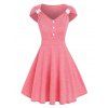 Heathered Summer Dress Crochet Insert Cap Sleeve Mini Dress Mock Button Flare A Line Dress - LIGHT PINK XL