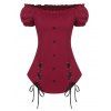 Puff Sleeve Lace Up Off The Shoulder Tee - DEEP RED XXXL