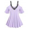 Ensemble de T-Shirt Côtelé à Épaules Dénudées et de Haut en Dentelle Grande-Taille - Violet clair 1X