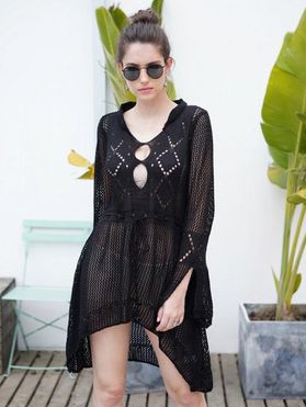 Bohemian Crochet Cover Up Dress Sheer High Low Slit Beach Dress