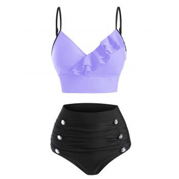 

Tummy Control Bikini Swimwear Contrast Colorblock Swimsuit Mock Button Ruffle Sweet Summer Beach Bathing Suit, Light purple