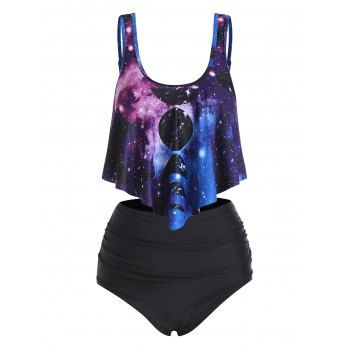 

Gothic Swimsuit Galaxy Lunar Eclipse Print Tummy Control Tankini Swimwear, Purple