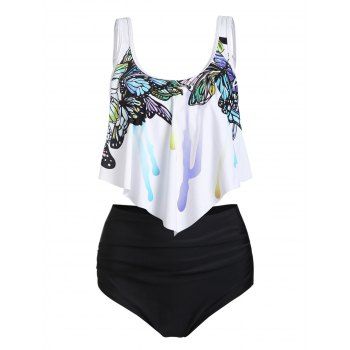 

Tummy Control Tankini Swimwear Butterfly Print Bathing Suit Flounce Overlay High Waist Summer Beach Swimsuit, White