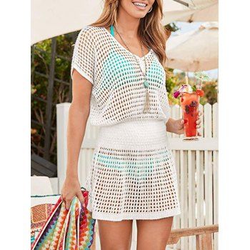 

Crochet Mock Button Batwing Sleeve Beach Dress, White