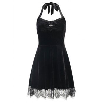 

Halter Velvet Backless Lace Hem Skater Dress, Black