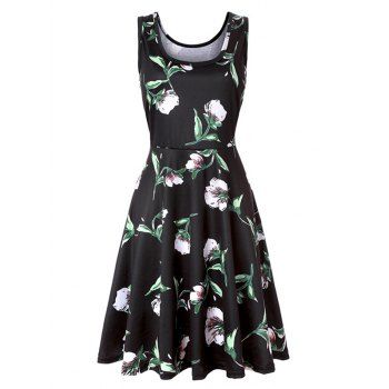 

Leaf Flower Printed Sundress A Line Tank Dress, Green