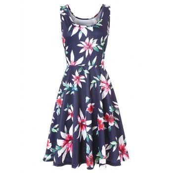 

Leaf Flower Printed Sundress A Line Tank Dress, Red