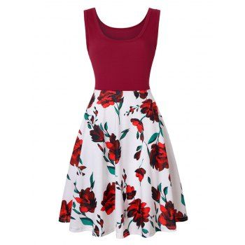 

Floral Leaf Print A Line Tank Dress, Red