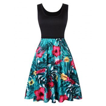 

Floral Leaf Print A Line Tank Dress, Black
