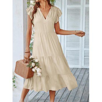 Ruffled Sleeve Tiered Casual Mini Dress, Light coffee