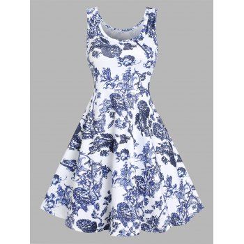 

Leaves Flowers Print Mini Fit and Flare Dress, Blue