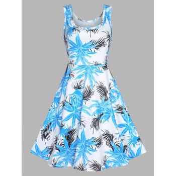 

Palm Print Mini Fit and Flare Dress, Light blue