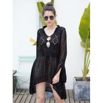 

Bohemian Crochet Cover Up Dress Sheer High Low Slit Beach Dress, Black