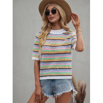 

Colorful Striped Crochet Openwork T Shirt, Multicolor