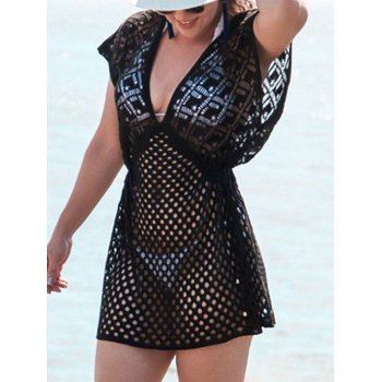

See Through Cover Up Slit Cover Up Plunge Crochet Batwing Sleeve Lace Up Side Beach Cover-up, Black
