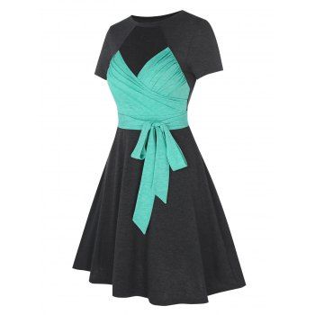 

Contrast Two Tone Cutout Surplice Bowknot Dress, Green