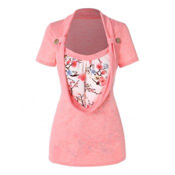 

Floral Print Cowl Front Faux Twinset Tee, Light pink