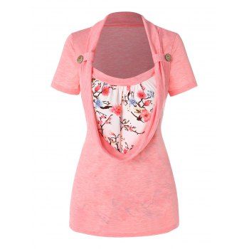 Floral Print Cowl Front Faux Twinset Tee