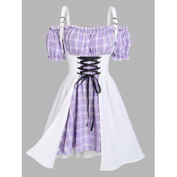 

Plaid Off The Shoulder Mini Dress and Lace Up Suspender Skirt, Light purple