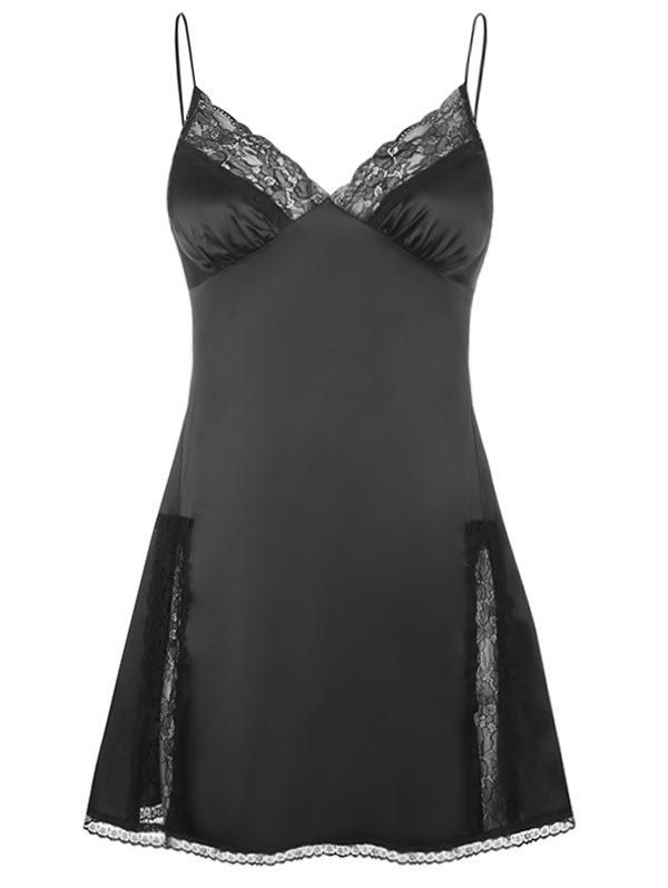 Lace Panel Lingerie Mini Cami Dress - BLACK L