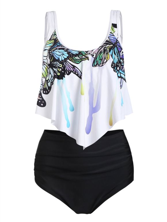 Tummy Control Tankini Swimwear Butterfly Print Bathing Suit Flounce Overlay High Waist Summer Beach Swimsuit - WHITE XXL