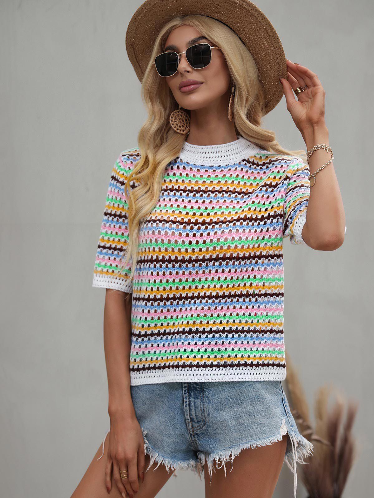 Colorful Striped Crochet Openwork T Shirt - multicolor XL