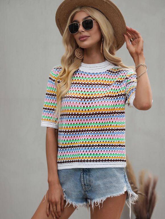 T-shirt Rayé Coloré Ajouré Au Crochet - multicolor XL
