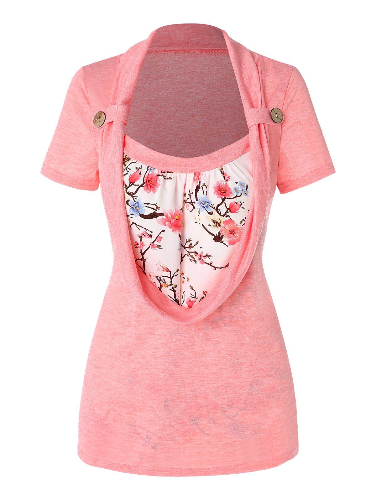 Floral Print Cowl Front Faux Twinset Tee - LIGHT PINK L