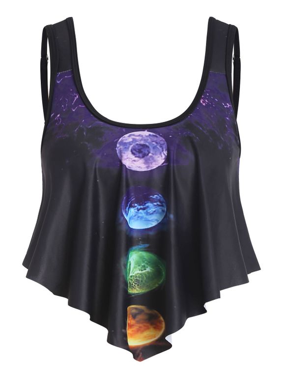 Gothic Swimsuit Planet Galaxy Print Flounce Overlay Swimwear Top - BLACK S