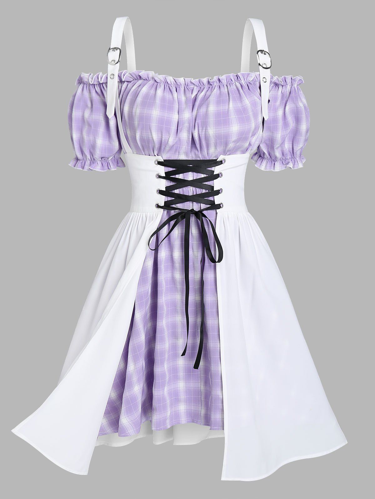Plaid Off The Shoulder Mini Dress and Lace Up Suspender Skirt - LIGHT PURPLE XXXL