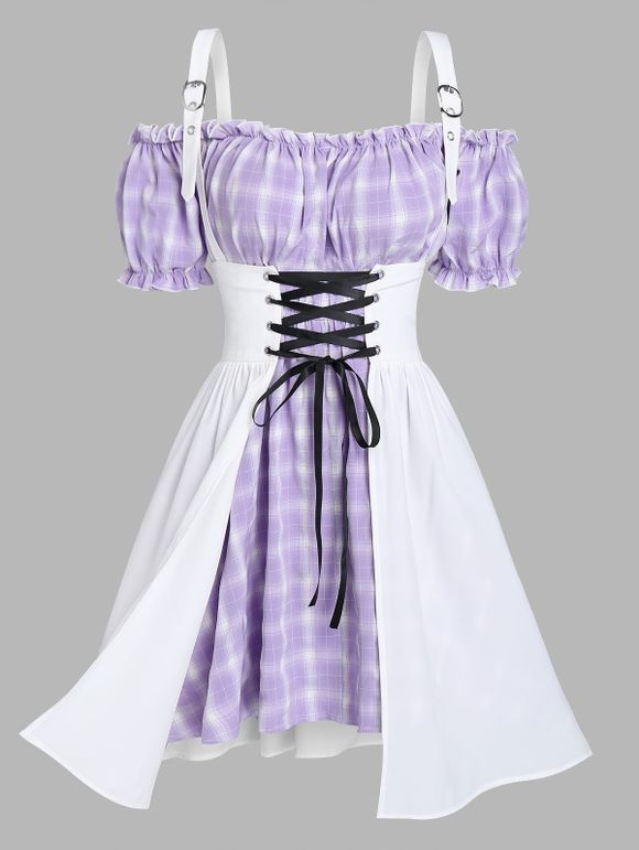 Mini-Robe à Carreaux à Epaule Dénudée et Jupe Salopette à Lacets - Violet clair XXXL