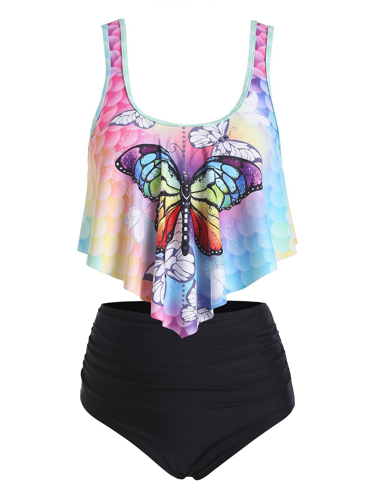 Tummy Control Swimsuit Mermaid Butterfly Print Flounce High Rise Vacation Tankini Swimwear - multicolor XXL
