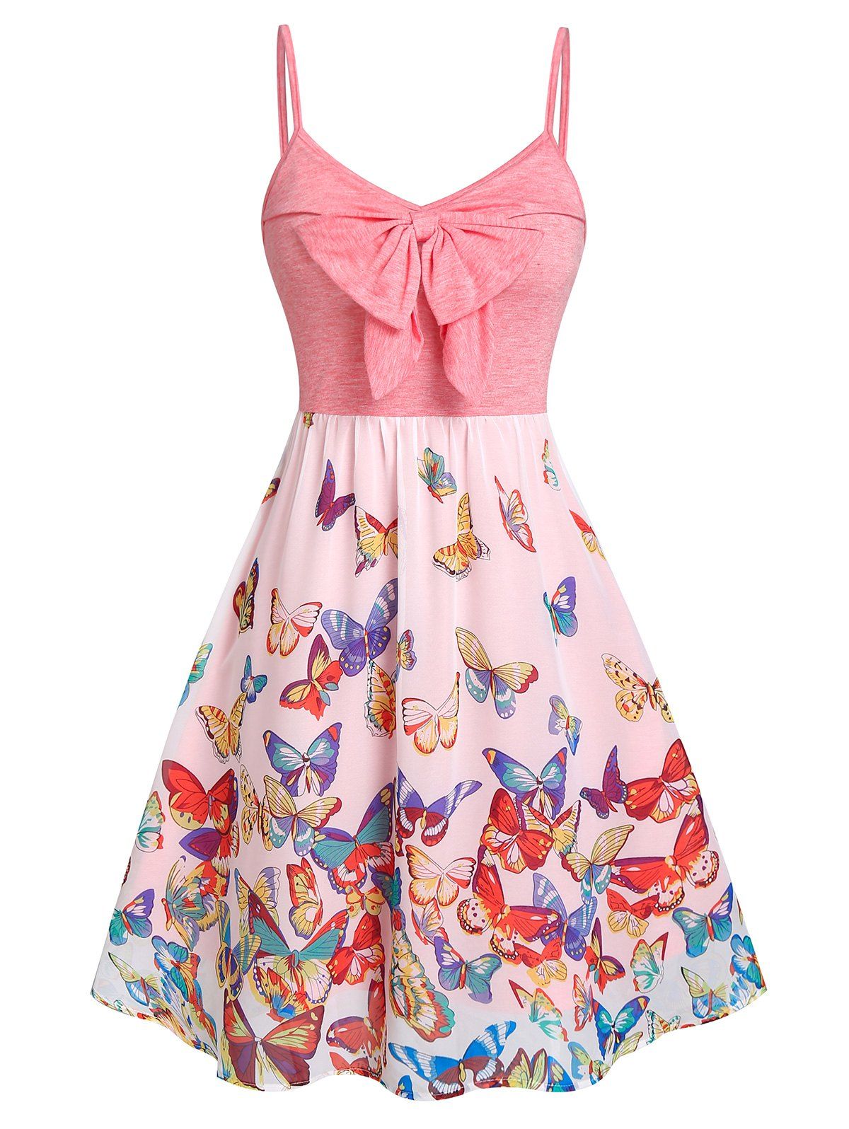 Butterfly Printed Bowknot Flare Cami Dress - LIGHT PINK XXXL
