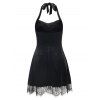 Party Mini Halter Velvet Backless Lace Hem Skater Dress - BLACK L