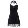 Party Mini Halter Velvet Backless Lace Hem Skater Dress - BLACK S