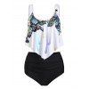 Tummy Control Tankini Swimwear Butterfly Print Bathing Suit Flounce Overlay High Waist Summer Beach Swimsuit - WHITE S