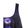 Gothic Swimsuit Planet Galaxy Print Flounce Overlay Swimwear Top - BLACK M