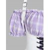 Mini-Robe à Carreaux à Epaule Dénudée et Jupe Salopette à Lacets - Violet clair XL
