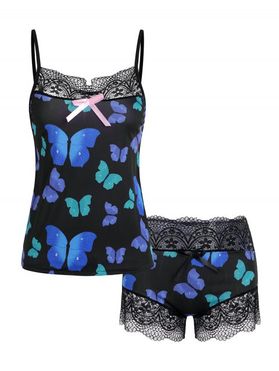 Lace Panel Bowknot Butterfly Print Pajama Shorts Set