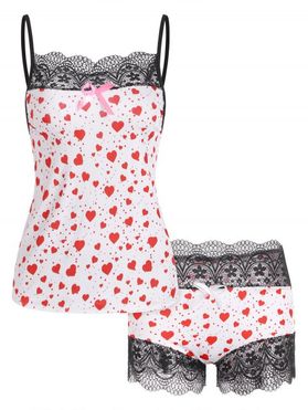 Lace Panel Heart Print Bowknot Pajama Shorts Set