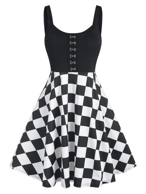 Checkerboard Plaid Hook Front A Line Flare Cami Dress