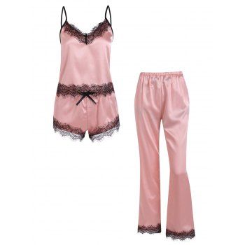 

Satin Lace Insert Three Piece Pajama Set, Light pink