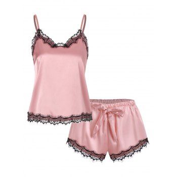 

Satin Lace Insert Bowknot Pajama Shorts Set, Light pink