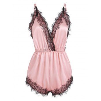 

Satin Lace Insert Pajama Romper, Light pink