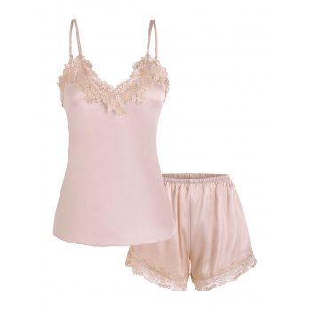 

Crochet Insert Satin Cami Pajama Shorts Set, Light coffee