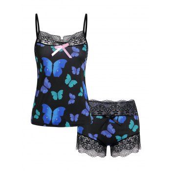 Lace Panel Bowknot Butterfly Print Pajama Shorts Set dresslily imagine noua 2022