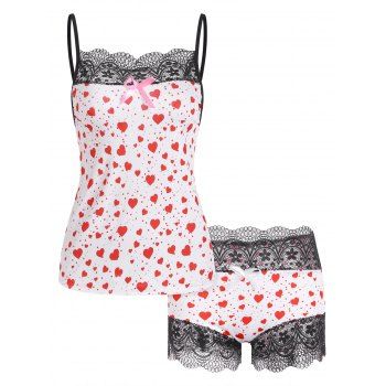 

Lace Panel Heart Print Bowknot Pajama Shorts Set, White